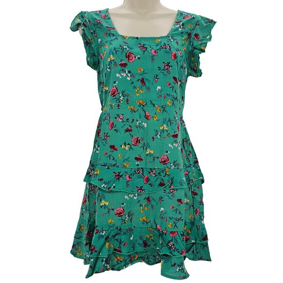 Lottie & Holly B.O.G Womans size S Green Floral Cap Sleeve Mini Dress Tiered NEW - Picture 1 of 8